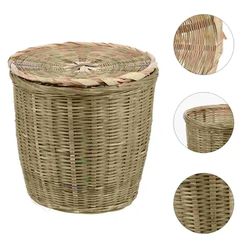 Ратан кръг отпадъци кошница капак бамбук боклук може тъкани кошче за отпадъци ракита кошница за съхранение боклук кошче ратан саксии за цветя