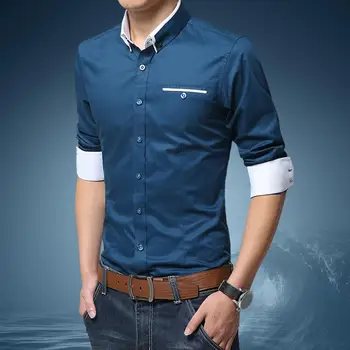 Ревера яка мъжки риза стилен мъжки тънък годни бизнес риза плътен цвят ревера яка дишаща тъкан за офис официално облекло