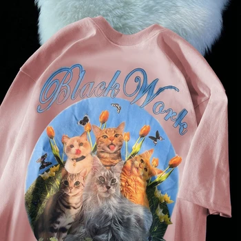 Реколта котка тениска мъжки мода печатни къс ръкав женски/мъжки памук тениска улица розово извънгабаритни върховете женски реколта Tee