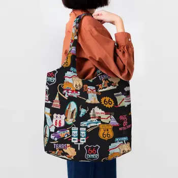 Реколта път 66 хранителни стоки пазаруване голяма пазарска чанта жени потребителски Америка пътна карта платно купувач рамо чанти голям капацитет чанта