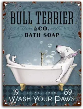 Ретро калай знак Бултериер Co сапун за баня измива лапите си лапи куче любовник бултериер реколта смешно плакат стена декор изкуство