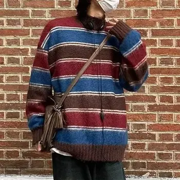 Ретро раиран плетен пуловер есен O врата пълен ръкав джъмпери реколта Y2K естетика дядо пуловери