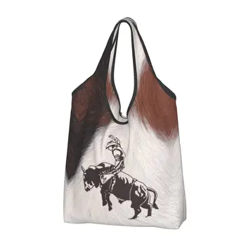 Рециклиране Западен каубой родео бик езда телешка пазарска чанта жени голяма пазарска чанта преносима крава текстура хранителни стоки купувач чанти