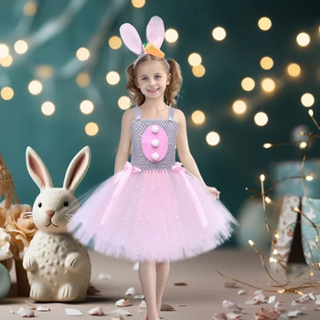 Розови сиви момичета Bunny Tutu рокля принцеса заек рокля за деца Великден карнавал костюм бебе рожден ден тюл рокля пролет лято