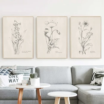 Ръчно скицирани диви цветя ботаническа стена изкуство цвете плакат и отпечатъци селски реколта стил платно живопис хол дома декор