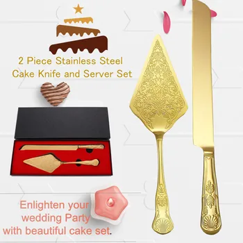 Сватбен нож за торта и сървърен комплект, злато, 18, 10 неръждаема стомана, десертен комплект, сървър за пай, нож за рязане на торта за рожден ден