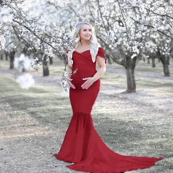 Секси майчинство стреля рокли Сплит фронт дълга бременност фотография рокля дантела шифон бременни жени Макси рокля за фото подпори