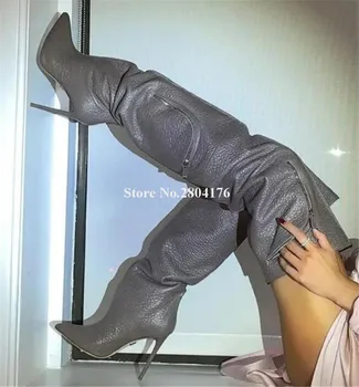 Секси модел кожени джобове декорирани стилет петата над коляното ботуши заострени пръсти сив черен бял тънък ток дълги ботуши