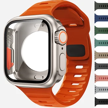 Силиконова каишка + калъф за Apple Watch Case 44mm 45mm 40mm 41mm Закалено стъкло Cover Промяна на Ultra За iWatch Series 8 7 SE 6 5 3