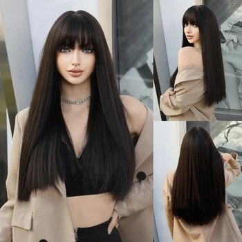 Синтетична перука женски въздушен бретон черен дълга права коса перука пълна глава покритие имитира човешка коса естествен пълен топ синтетичен фиб