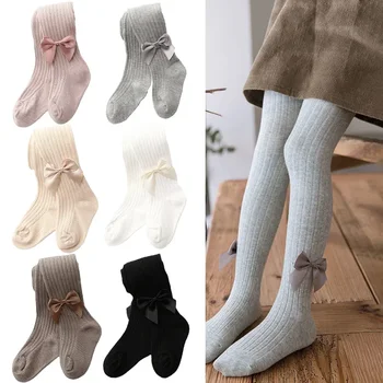 Сладък Bowknot чорапогащи за момичета плетени памук есен зима момичета чорапогащи деца висока талия чорапогащник 0-8T бебе малко дете чорапогащи