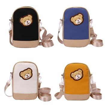 Сладък карикатура мечка бродерия рамо чанта жени малки найлон Crossbody телефон чанта с регулируема каишка за пазаруване училище работа