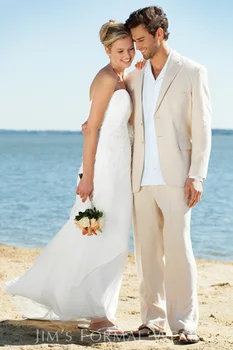 Слонова кост цвят костюми плаж сватбени костюми за мъже по поръчка мъже костюм по поръчка младоженец смокинги за гореща лятна сватба (яке + панталони)