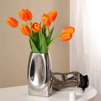 Сребърна керамична ваза Неправилни линии на гънки Цветна аранжировка Хидропоника Аксесоари Ваза за цветя Домашна декорация Вази Саксии