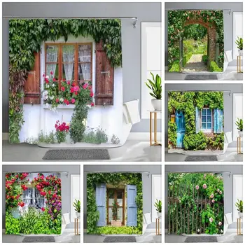 Стара врата с цветя във Верона Италия Завеса за душ на открито Улична градина Пейзаж Полиестер Душ завеси Баня Декор