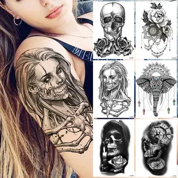Страшен череп вампирски скелет временни татуировки за жени възрастни слон Хелоуин цвете фалшива ръка татуировка стикер пънк момиче