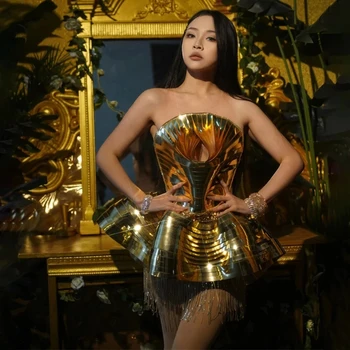 ТВ шоу костюм луксозни жени певица звезда златна парти рокля секси гого сцена танц дрехи