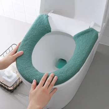 Тоалетна подложка Домакински плетен тоалетен капак Зимен удебелен плюшен капак за тоалетна с кадифен бутон Седяща баня