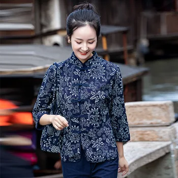 Традиционен китайски етнически стил Cheongsam върховете панталони жени памук печат ханфу Qipao якета блуза Tang костюм ризи палто комплекти