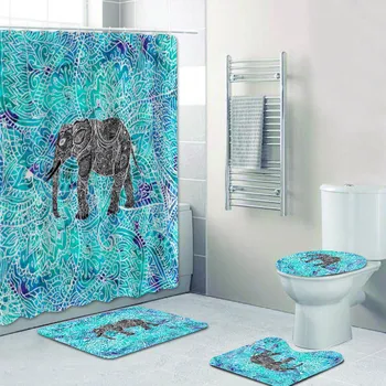 Тюркоазено синьо мандала Paisley Boho слон флорални душ завеса и баня килим комплект цветни бандана аксесоари за баня декор