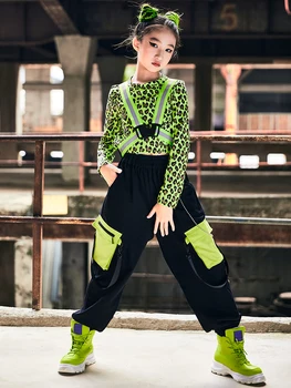 Хип-хоп танцови костюми Детски зелени върхове Светлоотразителна лента Карго панталони Момичета Улични танцови дрехи Джаз костюм изпълнение Рейв дрехи