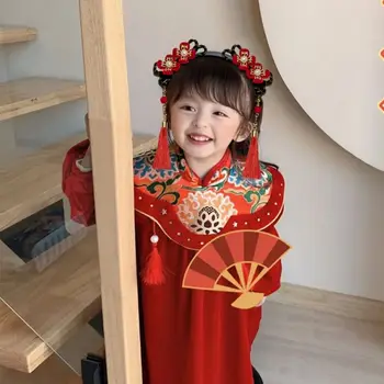 Цвете деца перука лента за глава пискюл плитка коса ханфу пръчици за коса Tang костюм коса обръч древен стил китайски новогодишни шапки