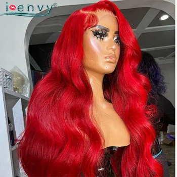 Цветни горещо червено тяло вълна човешка коса перуки 13X4 Бургундия 99j дантела предна перука за жени 180 плътност предварително оскубани Remy дантела предна перука