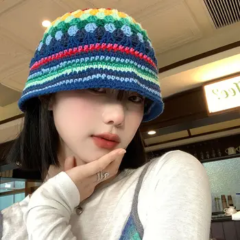 Цветни шевове плетени кофи шапки за мъже допамин инс показват лицето малка корейска версия универсален сладък пуловер дамски капачки