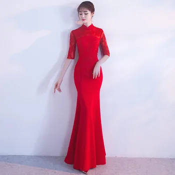 Червен половин ръкав елегантен ориенталски дама сватба Cheongsam традиционен китайски булката русалка рокля мандарин яка дълго Qipao