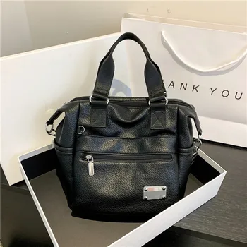 Черна мека кожена чанта за съобщения за жени 2023 Мода Ежедневни мулти торбичка за рамо Обикновена чанта с голям капацитет Куфарче