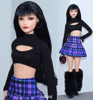Черна риза + синя решетка пола / облекло комплект / 30 см кукла дрехи есенно облекло облекло За 1/6 Xinyi Fr2 ST кукла Барби