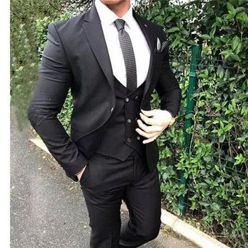 Черни мъже костюми Slim Fit Notch Ревера младоженец смокинг за сватбено тържество причинно-следствена улична мода 3 парче яке жилетка с панталони 2023