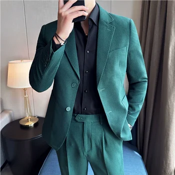 (Яке+Панталони) Нови зелени вафли бизнес костюми 2 броя мъже твърди тънък годни смокинг младоженец сватба бала износване ежедневни мъжки комплекти