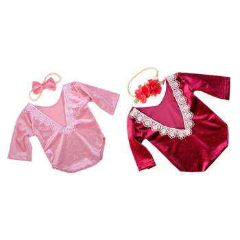 бебе момичета снимка дрехи дълъг ръкав дантела гащеризон новородено костюм OnePiece гащеризон Bowknot лента за глава бебе фото облекло