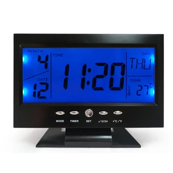 будилник Синя подсветка Гласов контрол Цифров температурен дисплей Черен LED календар Термометър Snooze Alarm Desk Clock