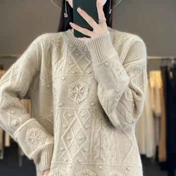 висок клас луксозен кашмир пуловер жените есен/зима нов 100% кашмир вълна кръг врата пуловер хлабав голям размер плета пуловер