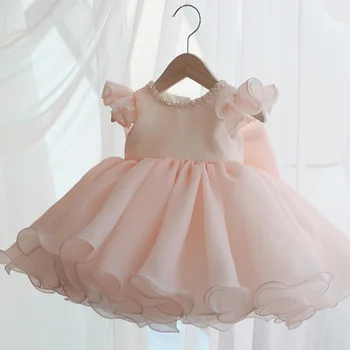 гореща продажба розов бял малки деца летни дрехи малки бебета момичета елегантен пластове сатен бала рокля за сватбено парти рожден ден