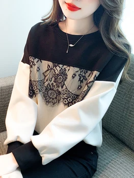 дантелена пачуърк суитчър за жени 2024 есен зима нова корейска мода случайни пуловер хлабав O-образно деколте дълъг ръкав джъмпер женски