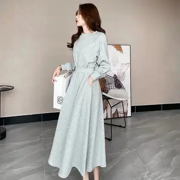 есен нова корейска версия дълъг ръкав мода артистичен тънък голям люлка талията увити дълъг пуловер рокля жените тенденция