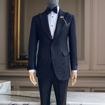 жакард сватба смокинг за младоженец парти флорални тънки годни мъже костюми 2 парче по поръчка мъжки моден костюм (яке + панталони) 2024
