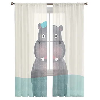 карикатура творчески животински хипопотам къпане дизайн модел хол кухня шифон завеса младежка спалня отвесни етаж завеса