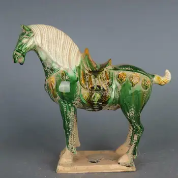 китайски Tang трицветен остъклен керамика зелен война кон порцеланова статуя 8.0 инча