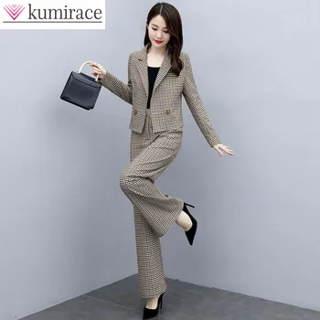 корейски стил карирана пачуърк тънък монтаж яке нетактичност хлабав широк крак панталони две части елегантен дамски панталони комплект офис екипировки