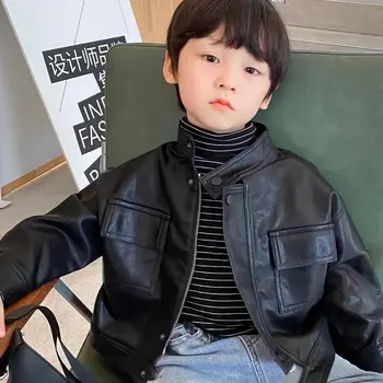 корейски стил пролет есен бебе момчета момичета палта черен щанд яка PU кожени якета цип еднореден жилетки