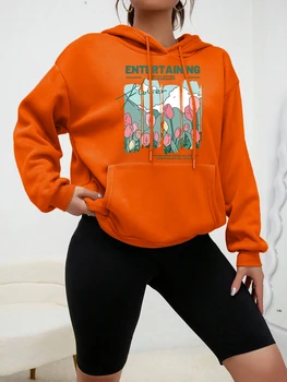 лале маслена живопис творчески печат женски качулки хип-хоп хлабав пуловер есенна мода суитчър улица джоб жени качулка