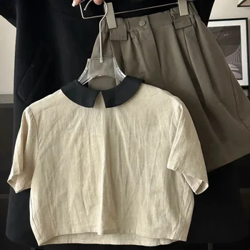 момичета комплект пачуърк цвят ревера риза с къс ръкав случайни хлабав широк крак панталони корейски стил 2023 лято две части комплект