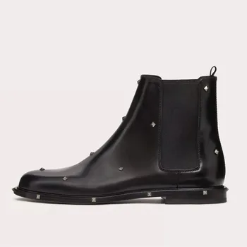 нов черен луксозен ръчно изработен нит глезена квадратни ботуши за мъже зимни ретро стил глезена ботуши случайни високи обувки за мъж