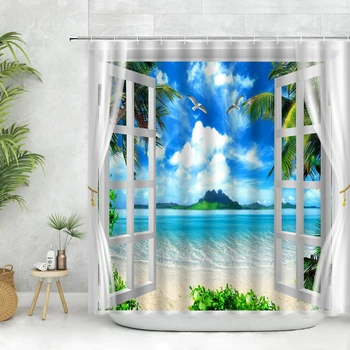 океански пейзаж баня душ завеси куки тропически палми на остров море плаж през бели дървени прозорци Начало декор