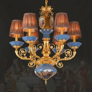 френски стил месинг керамика плат полилей вила фоайе осветление европейски хол трапезария реколта медна висулка лампа