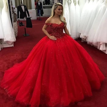 червен сладък 16 топка рокля Quinceanera рокли кристали мъниста плюс размер извън рамото рожден ден принцеса парти рокли